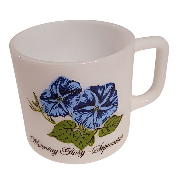 Vintage September Mug Morning Glory Flower of the Month Milk Glass Cup | 1970s - Picture 2 of 12